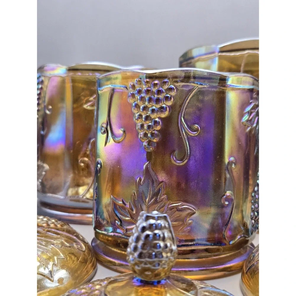 Vintage Carnival Glass Marigold Harvest Grape Canisters BX